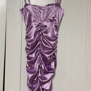 Purple Satin Ruched Mini Dress with Corset Bodice